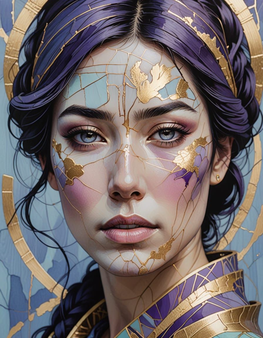Serene Woman Portrait with Gold Kintsugi Details