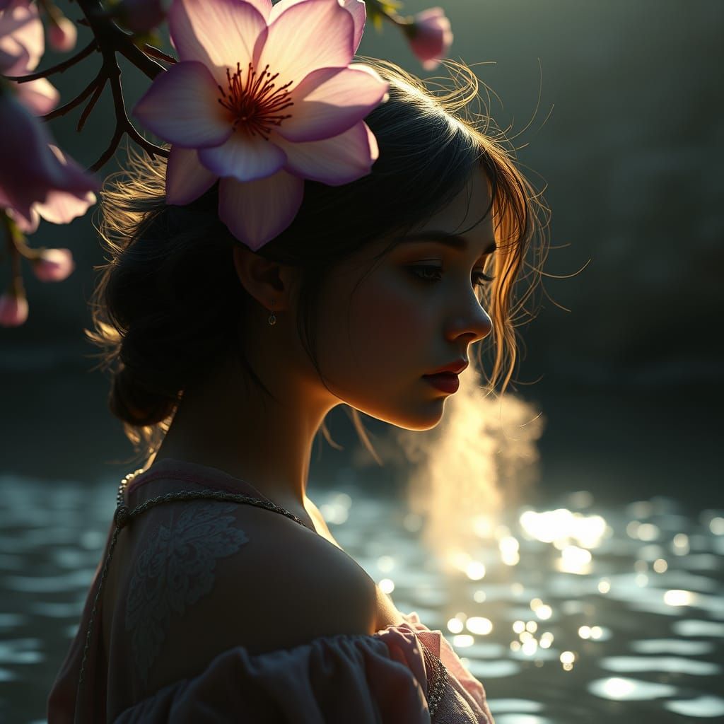 Dark Fantasy Woman at River's Edge