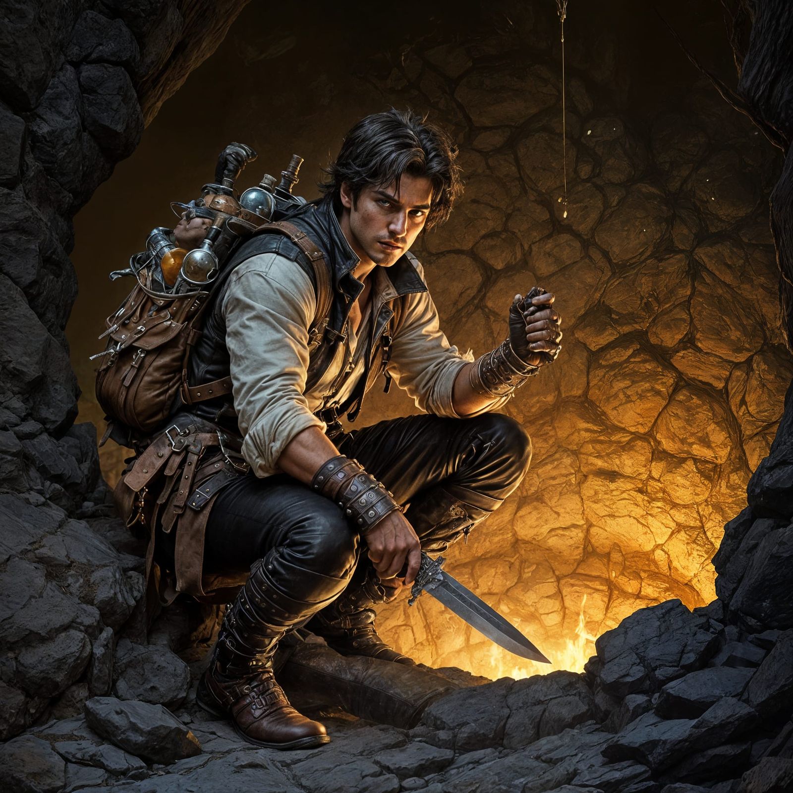 Adventurer Crouching by a Dark Fantasy Pit