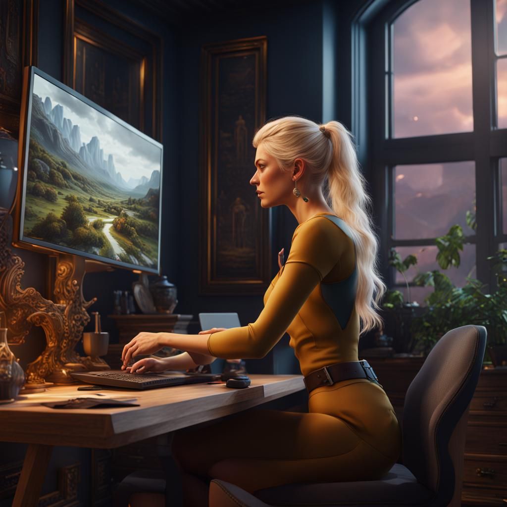 Blonde Woman Working at Home: Detailed Fantasy Art