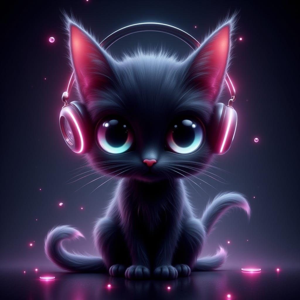 Cute Black Cat with Neon Headphones Playing Phonk