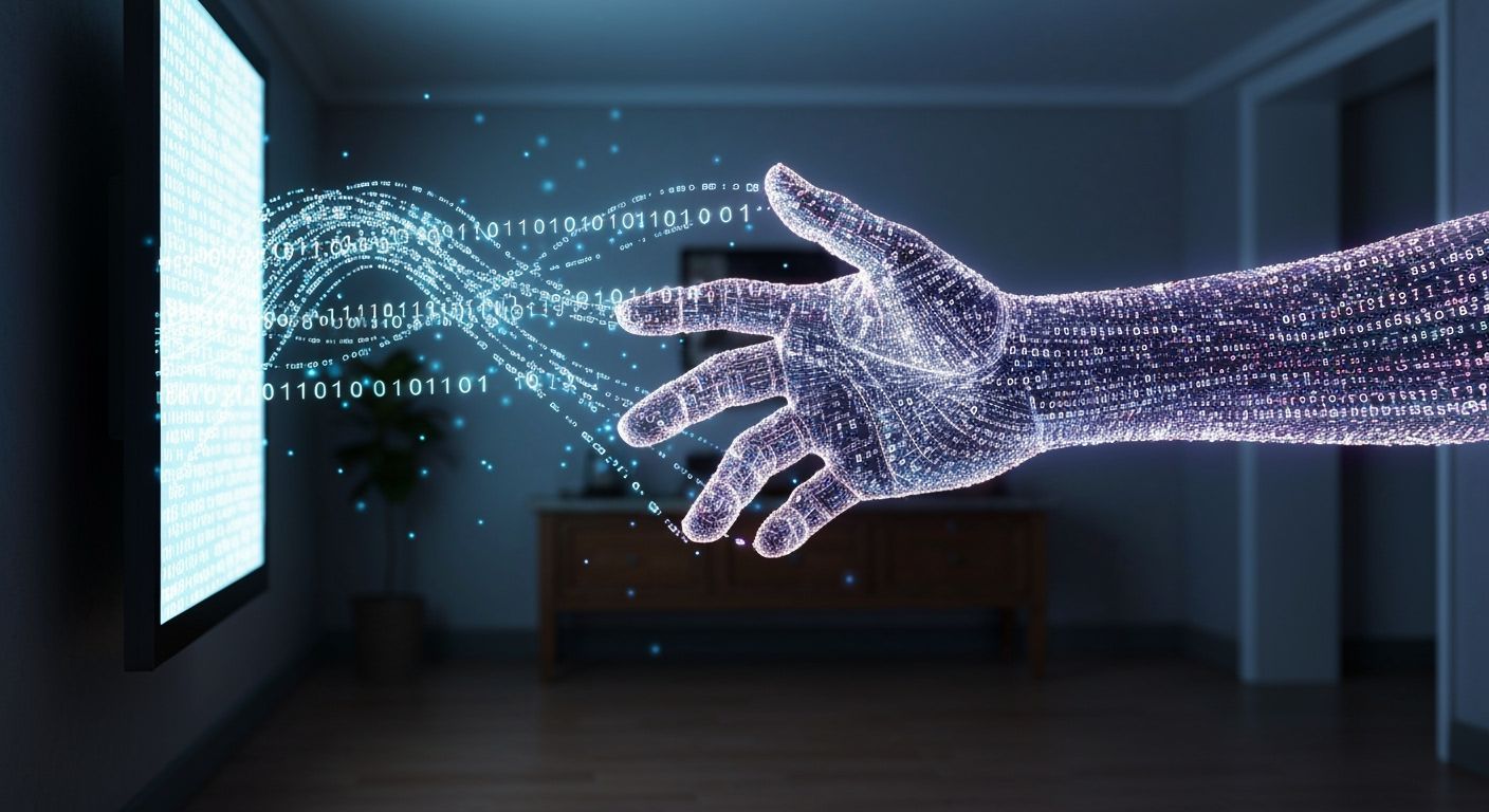 Glowing Binary Code Hand Emerges From Screen