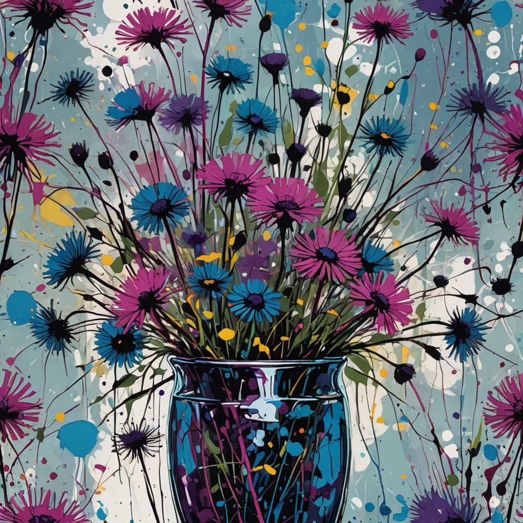 flowers and dandelions in glass vase Jackson Pollock style