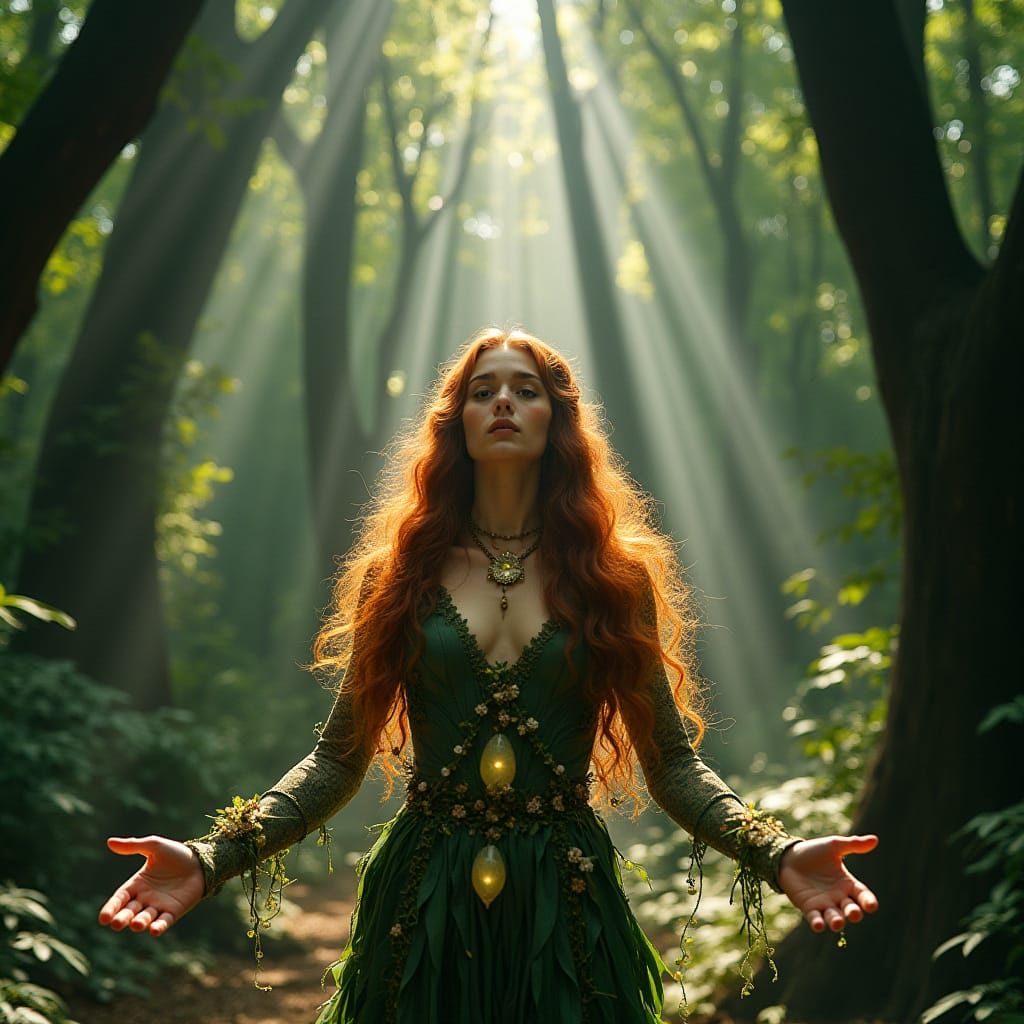 Ethereal Modern Druidess Amidst Ancient Trees