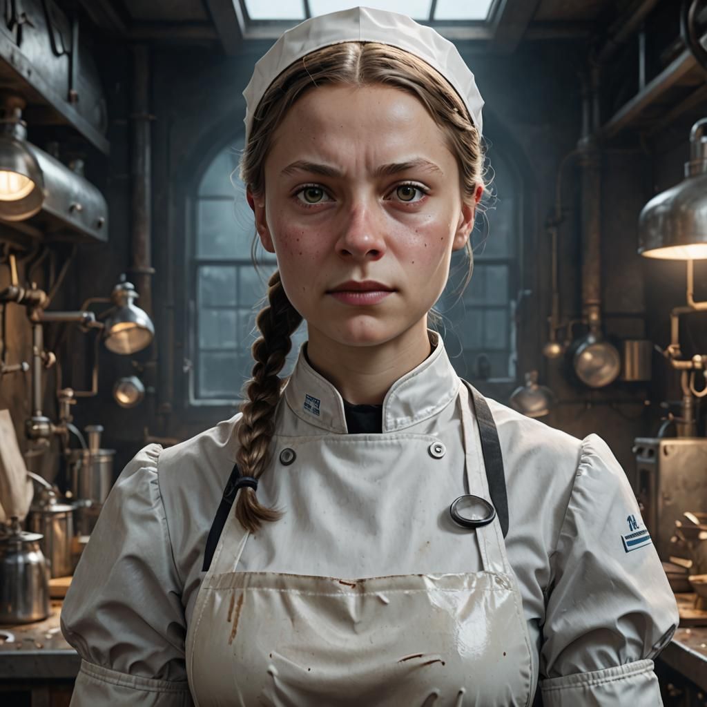 A stern young nurse  in a high-collared uniform.