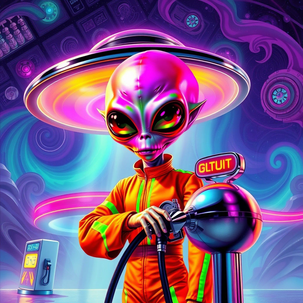 Psychedelic Alien Refuels UFO in Retro-Futuristic Gas Statio...