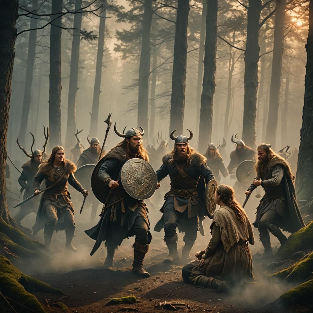 Viking Shield Defense in Misty Forest, Thomas Kinkade Style