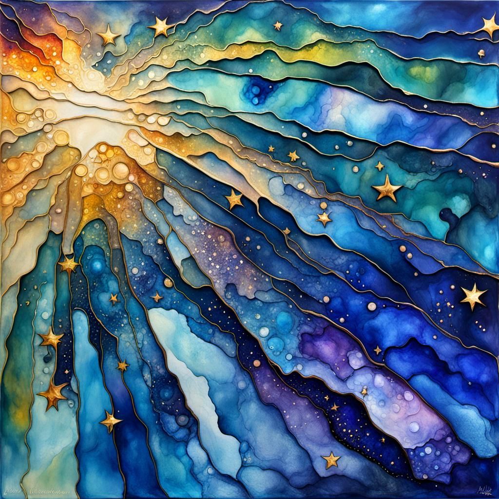Abstract Alcohol Ink Celestial Phenomena in  Indigo, Solar Rays, Stars, Partial Abstraction : 3d Shading, Nebula Color P...