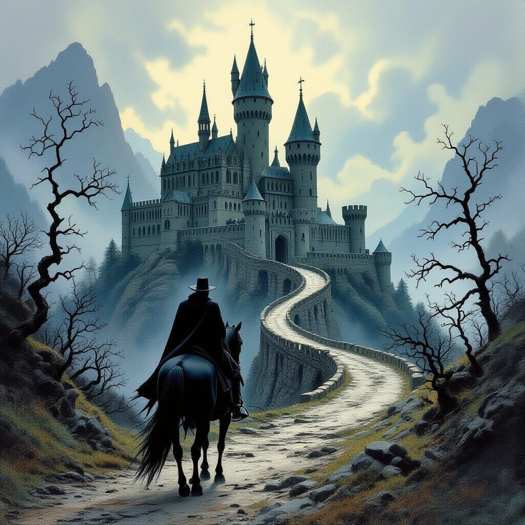 Rider Approaches Abandoned Castle in Dark Fantasy Style