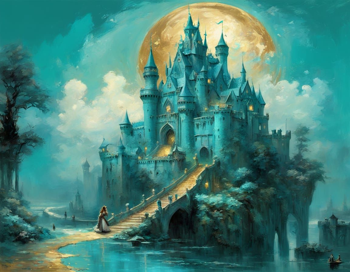 Enchanting Fairy Castle in Turquoise and Gold Impasto