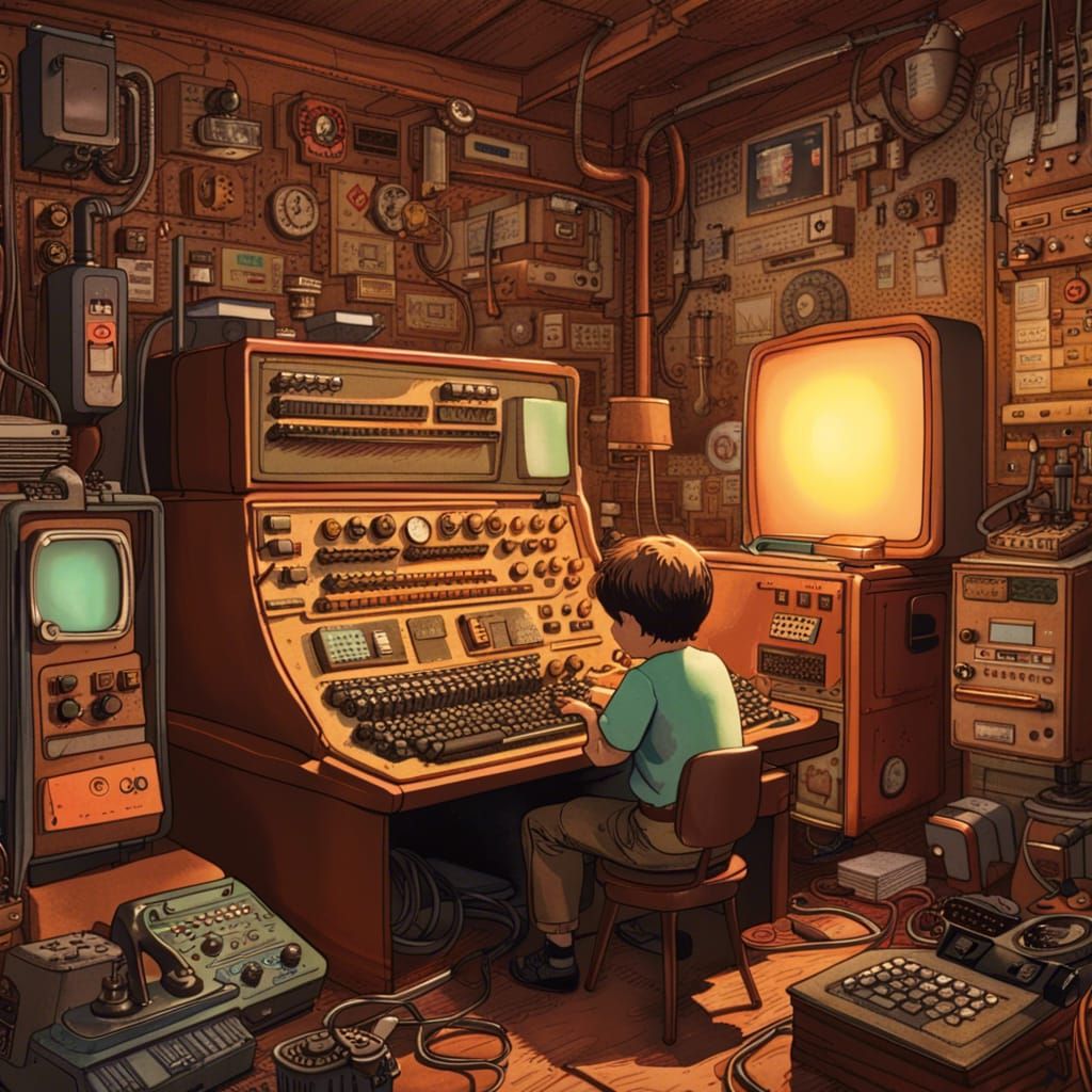 Steampunk Child at Retro Computer in Giant's Room