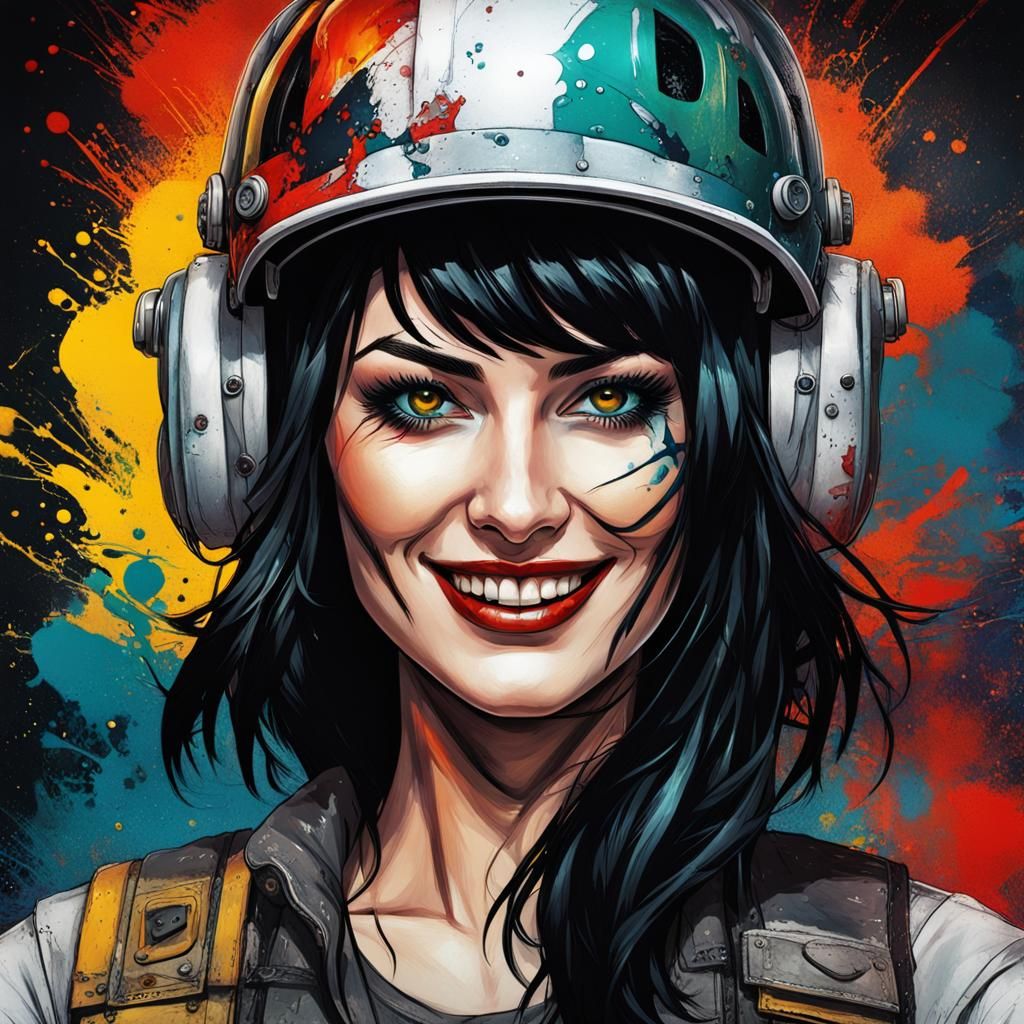Smiling Woman in Heavy Metal Comic Art Style
