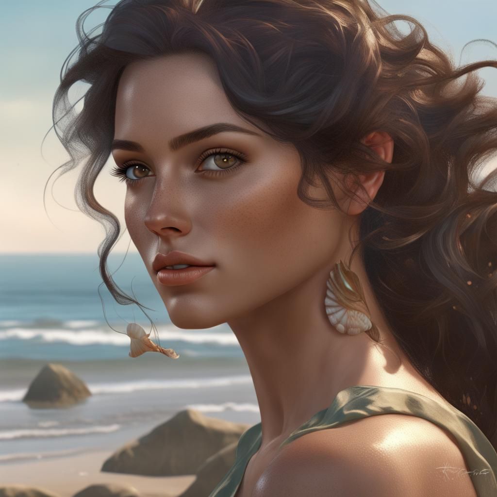 Beach Portrait with Seashells, Hyperdetailed Concept Art