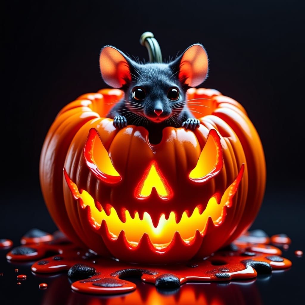 Adorable Mouse Hiding in Melting Lava Pumpkin