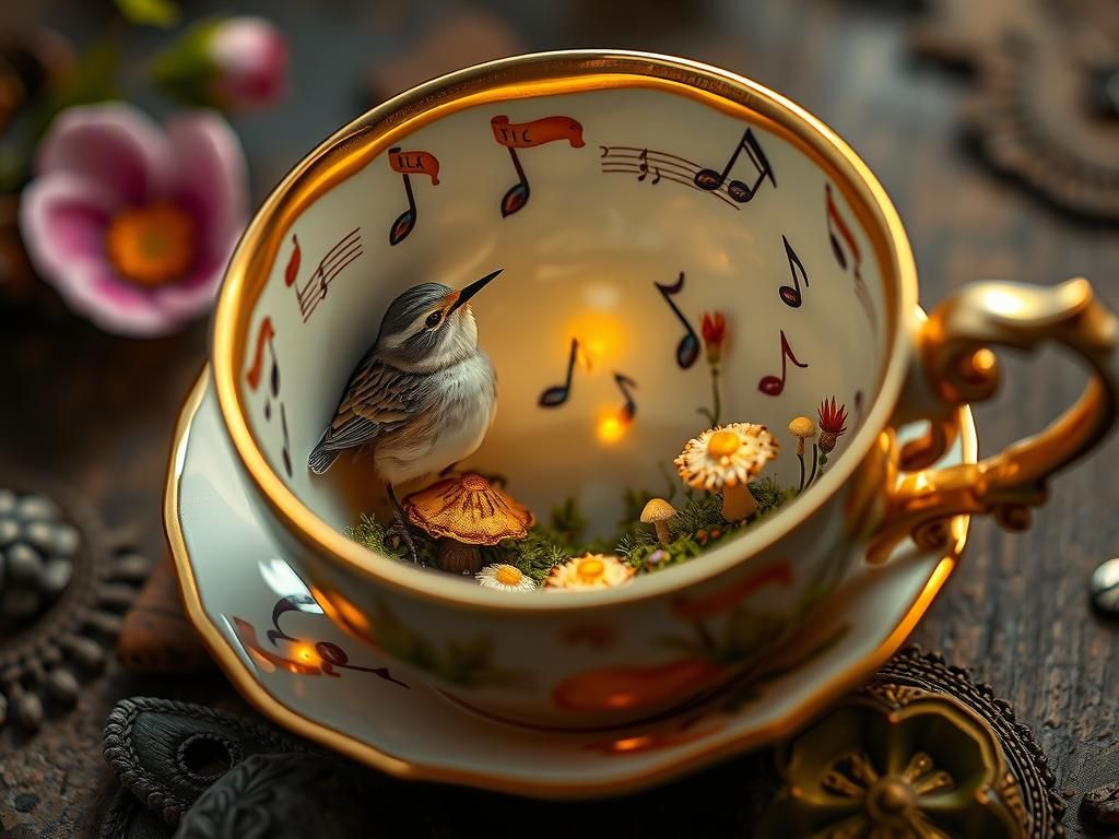 Fantasy Teacup Miniature Forest with Singing Bird