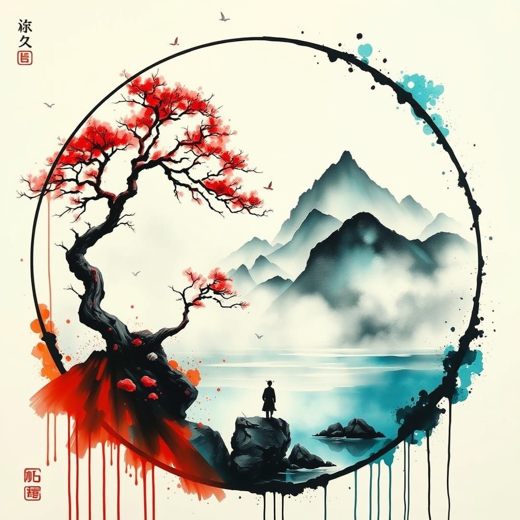 Enchanting Asian-Inspired Landscape in a Hand-Painted Frame