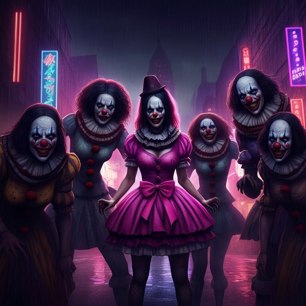 Fearsome Female Clowns in a Neon Cityscape