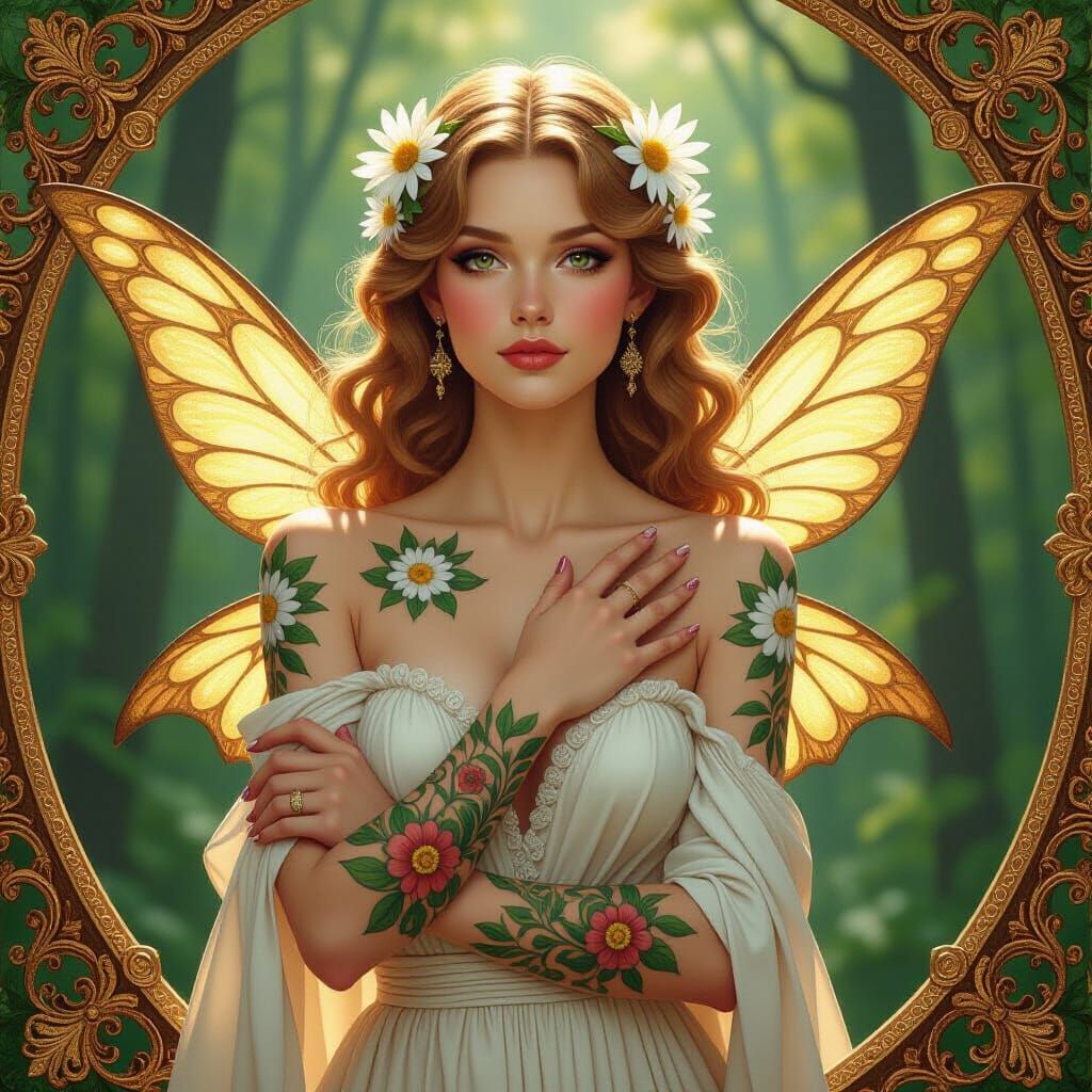 Forest Fairy Goddess with Spring Tattoos in Baroque Style