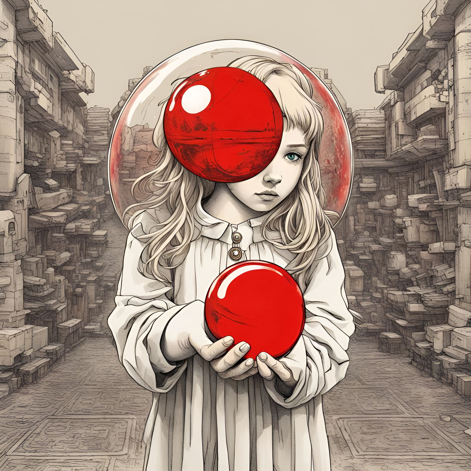 Girl with Floating Red Robot in Cryptic Style
