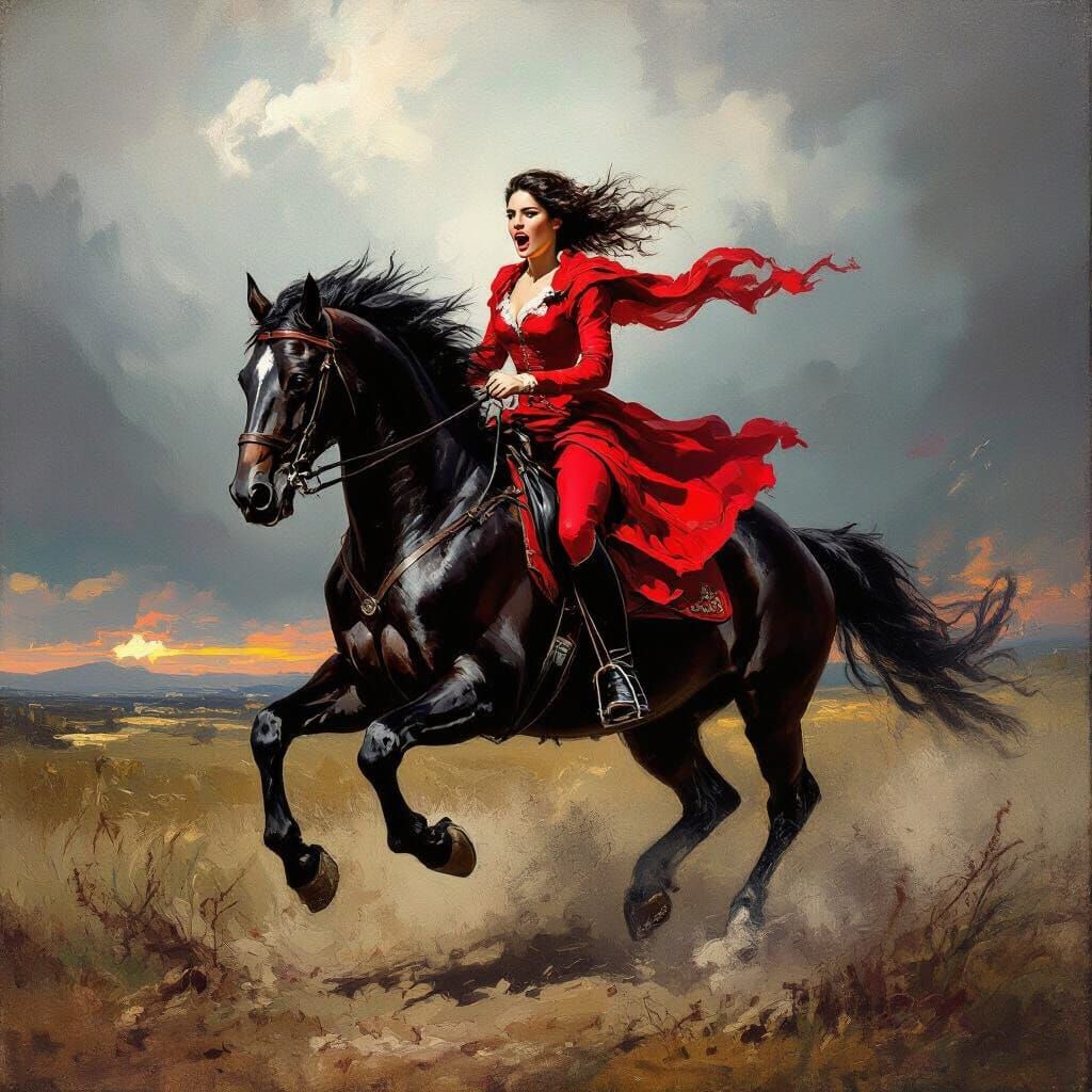Furious Equestrian Woman on Black Stallion in Stormy Landsca...