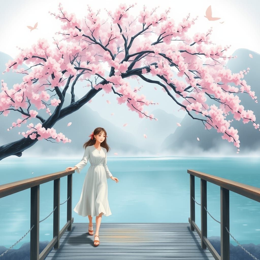 Girls Under Cherry Blossoms: Ethereal Watercolor Still Life