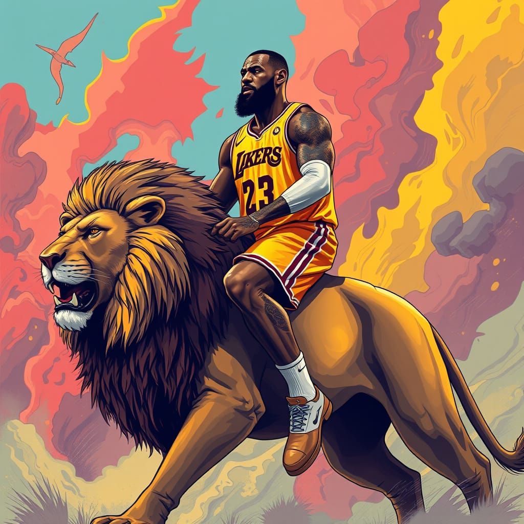 Lebron James Rides a Lion in Digital Art Style