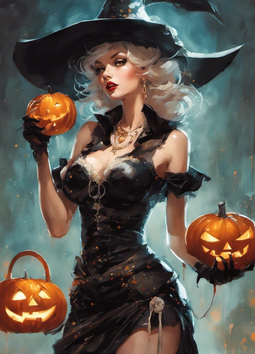 Pin-Up Witch Offering Candy in Digital Art Style