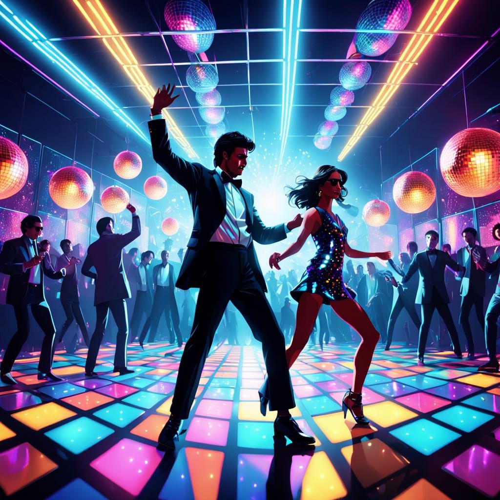 Vibrant Cubist Disco Scene with Geometric Shapes and Neon Li...