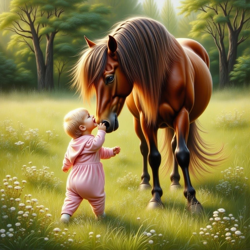 Idyllic Moment of Equine Bonding in a Sunny Meadow