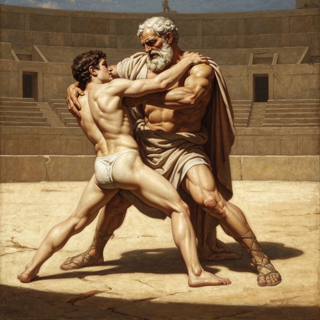 Theseus Wrestles King Cercyon in Ancient Greek Stadium