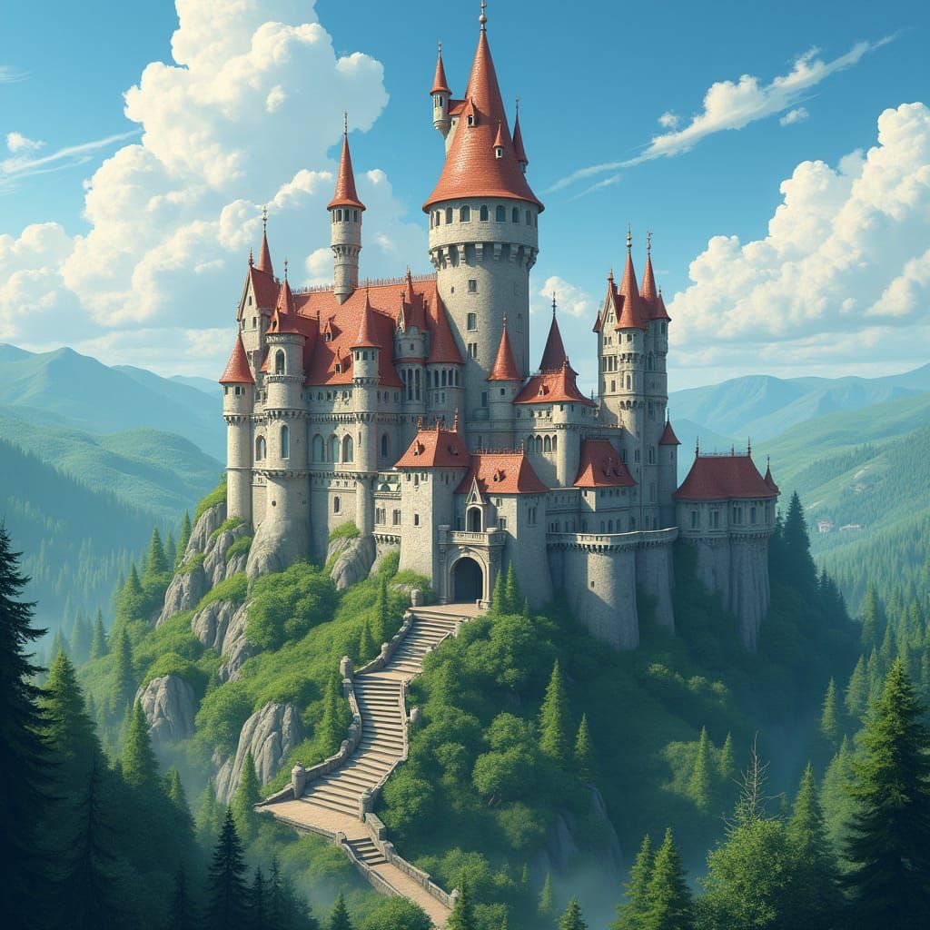 Majestic Castle in Whimsical Miyazaki & Mead Style