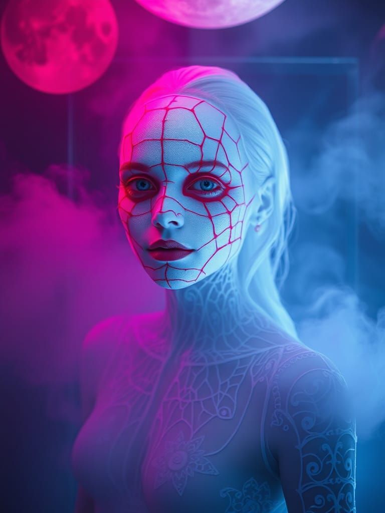 Ethereal Albino Woman in Laser Glass Box