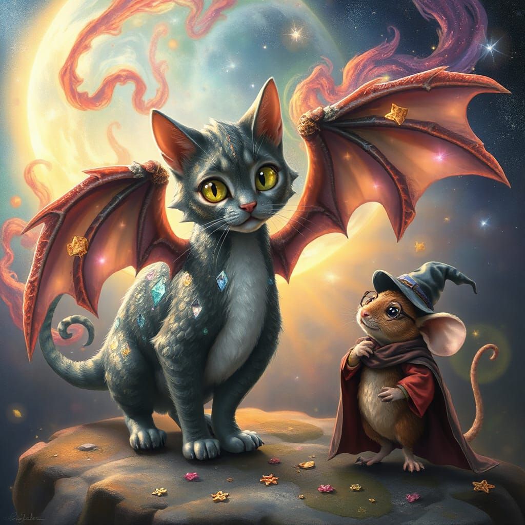 Whimsical Cat Transforms into Dragon and Wizard in Magical R...