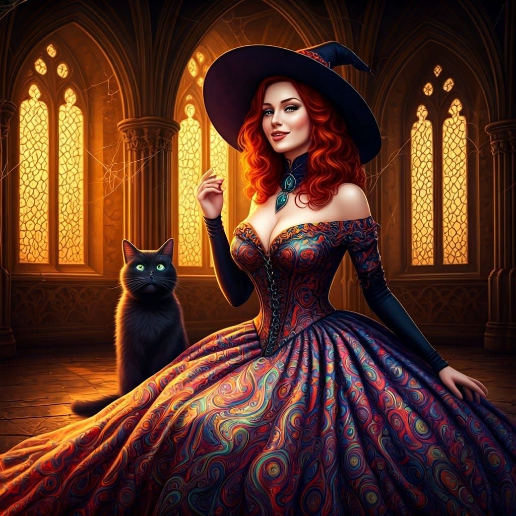 Mystical Lady Witch in Gothic Castle, Digital Art