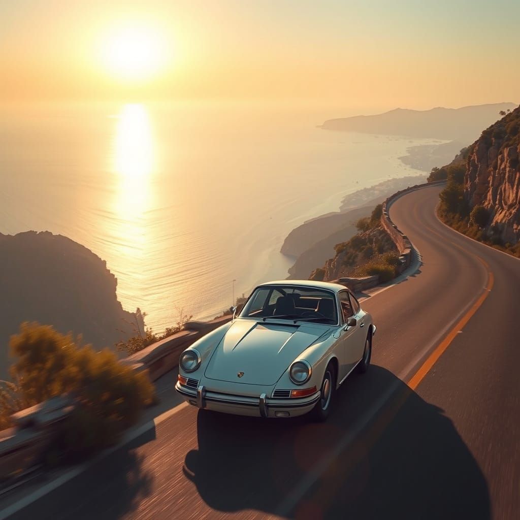 Sleek 911 Speeds Along Cliffside Road in Retro-Futuristic St...