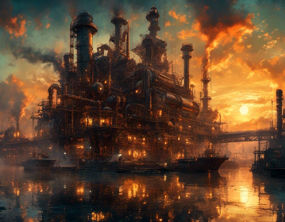 Steampunk City Sunrise in Watercolor Style