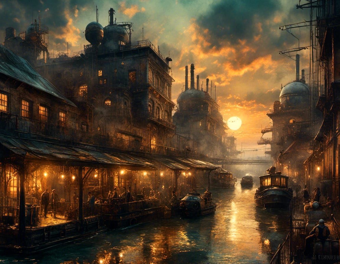 Steampunk Dieselpunk City Sunrise in Watercolor Style