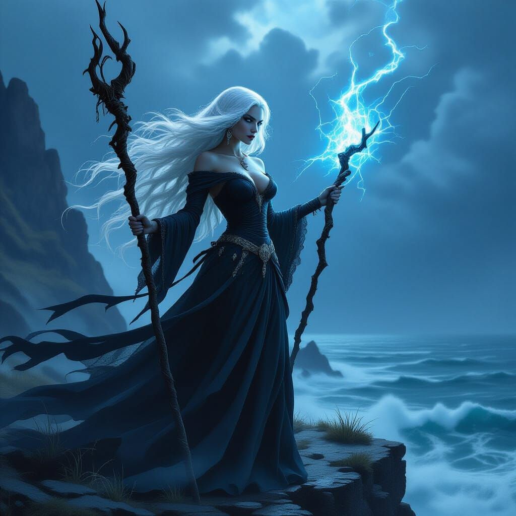 Witch on Windswept Cliff Overlooking Stormy Ocean