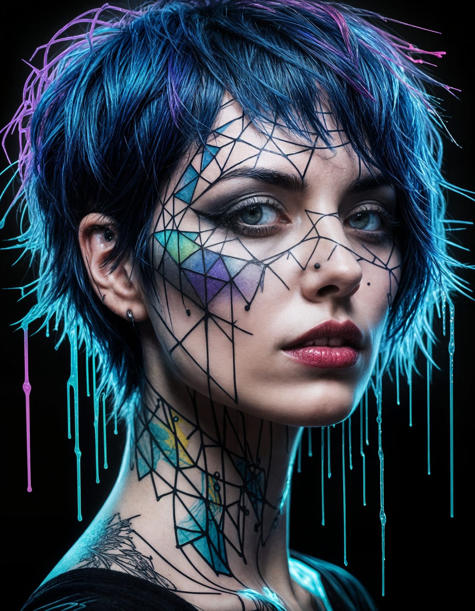 Gothic Woman Portrait with Blue Hair, Hyperrealistic Style