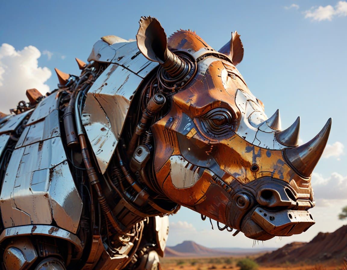 Hyperrealistic Close-Up of a Glowing, Rusty Mecha Rhinoceros
