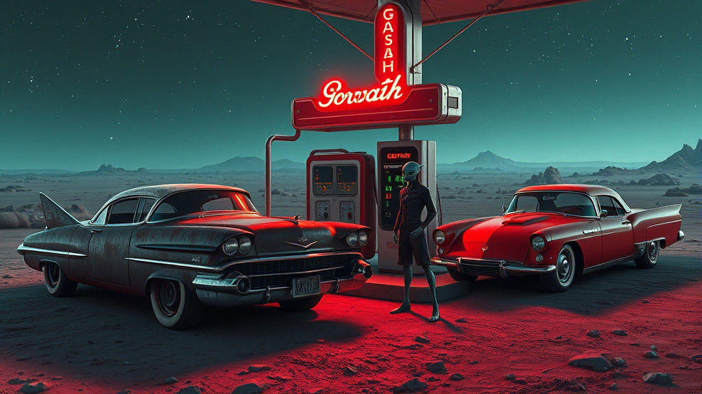 Retro-Futuristic Gas Station on Asteroid in Syd Mead Style