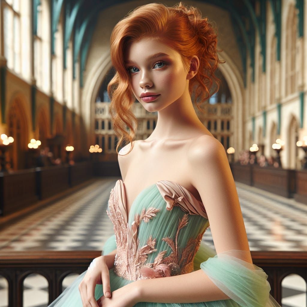 Ginger Prom Ballgown Attire in Enchanted Hallway