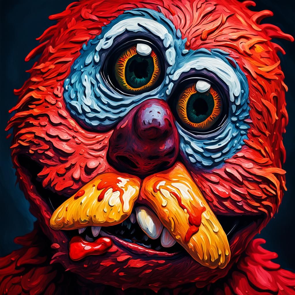 Surreal Elmo Portrait with Sharp Teeth