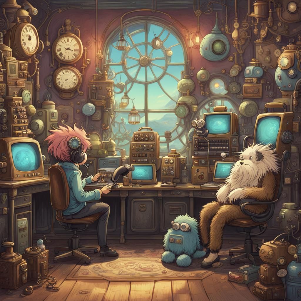Monsters in Steampunk Call Center, Ghibli-Inspired