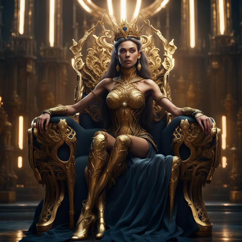 Cyborg Woman on Throne: Detailed Matte Painting