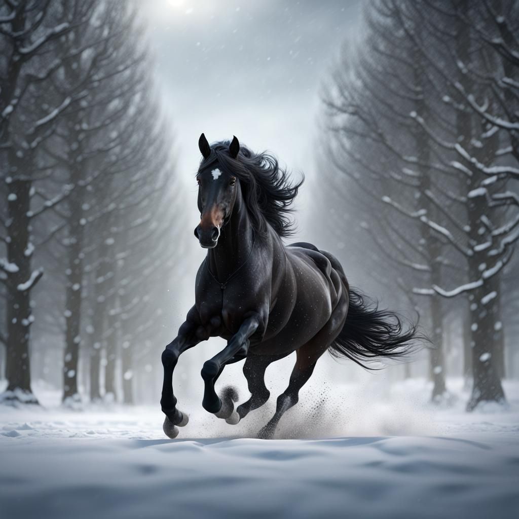 Black Horse Galloping in Snowy Landscape: Fantasy Art