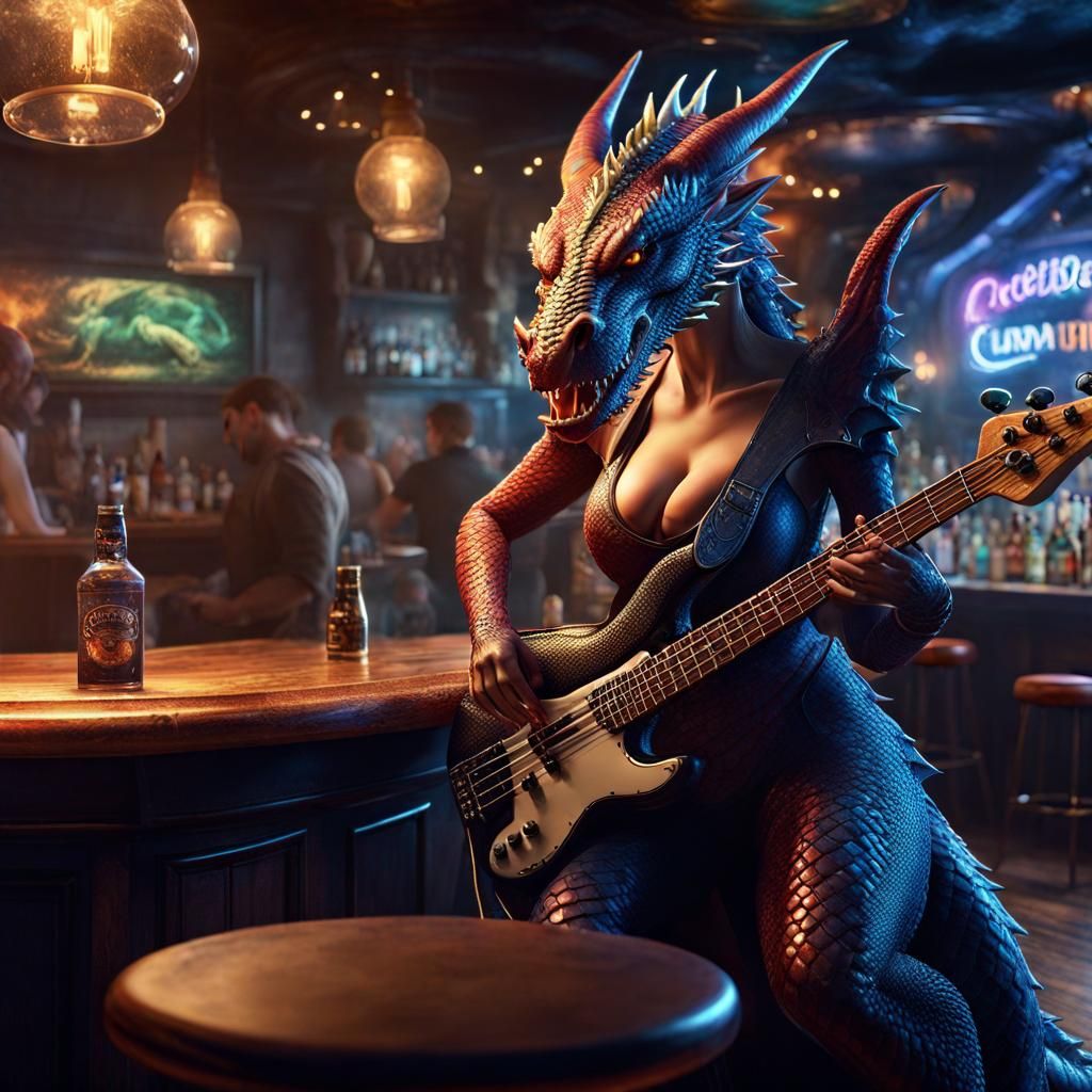Dragon Girl Plays Bass Guitar in Fantasy Bar