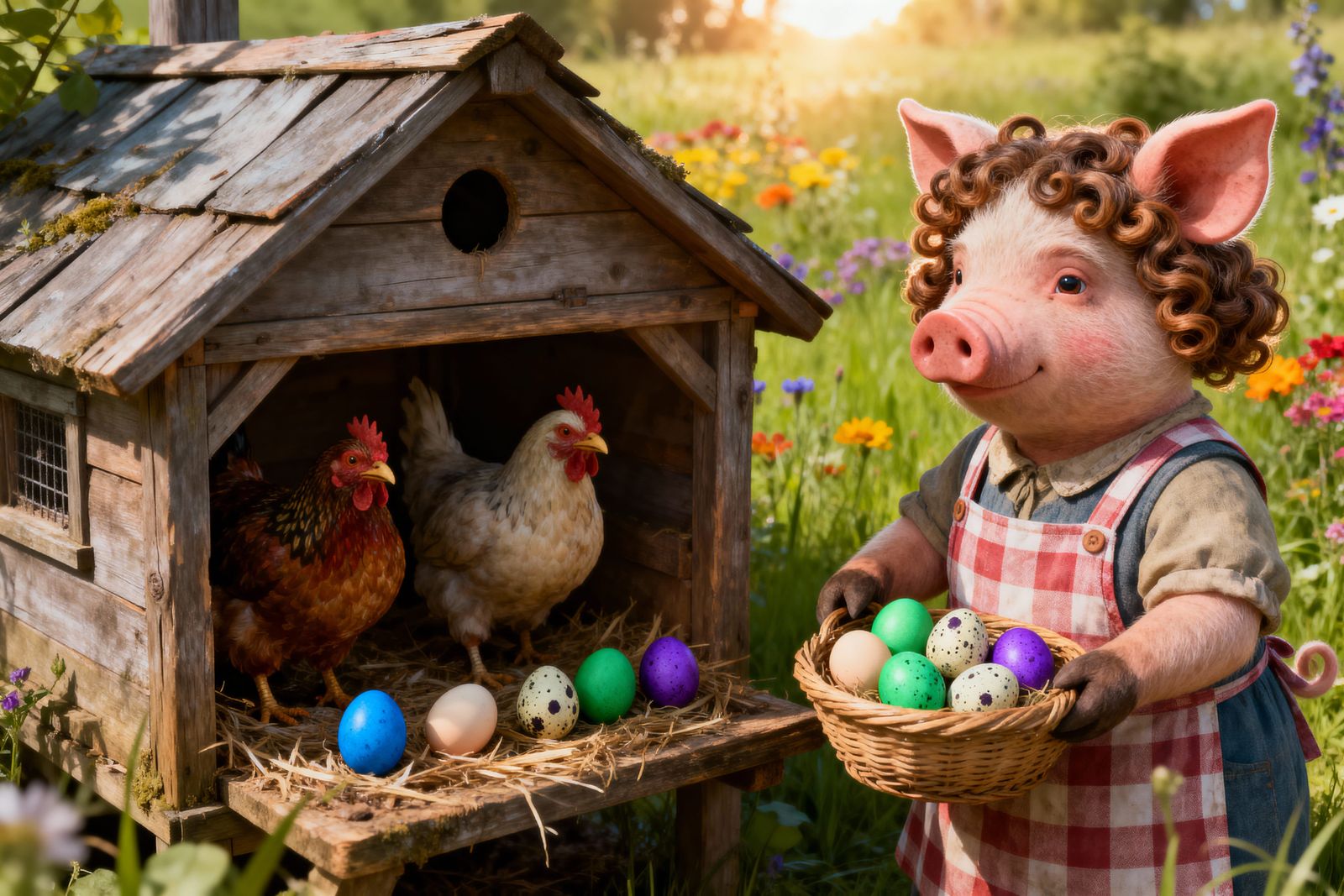 Anthropomorphic Pig Girls Gather Eggs in Detailed Rustic Sce...