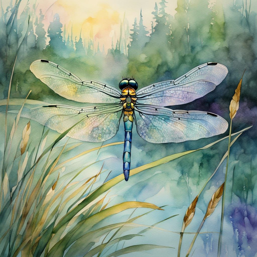 Iridescent dragonfly in mid-flight.