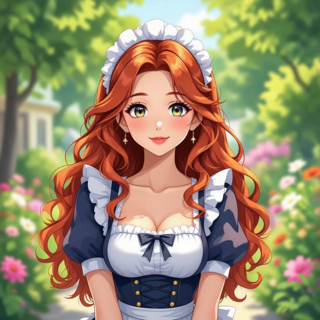 Anime Maid in Vibrant Garden, Modern Japanese Animation Styl...